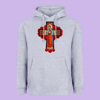 Lady Of Guadalupe Rose Cross, Heavyweight Hoodie Designed By Barkaloodesign