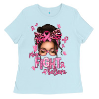 Baby Blue pray fight believe breast cancer afro messy bun Ladies Tee - texasbilliewilder