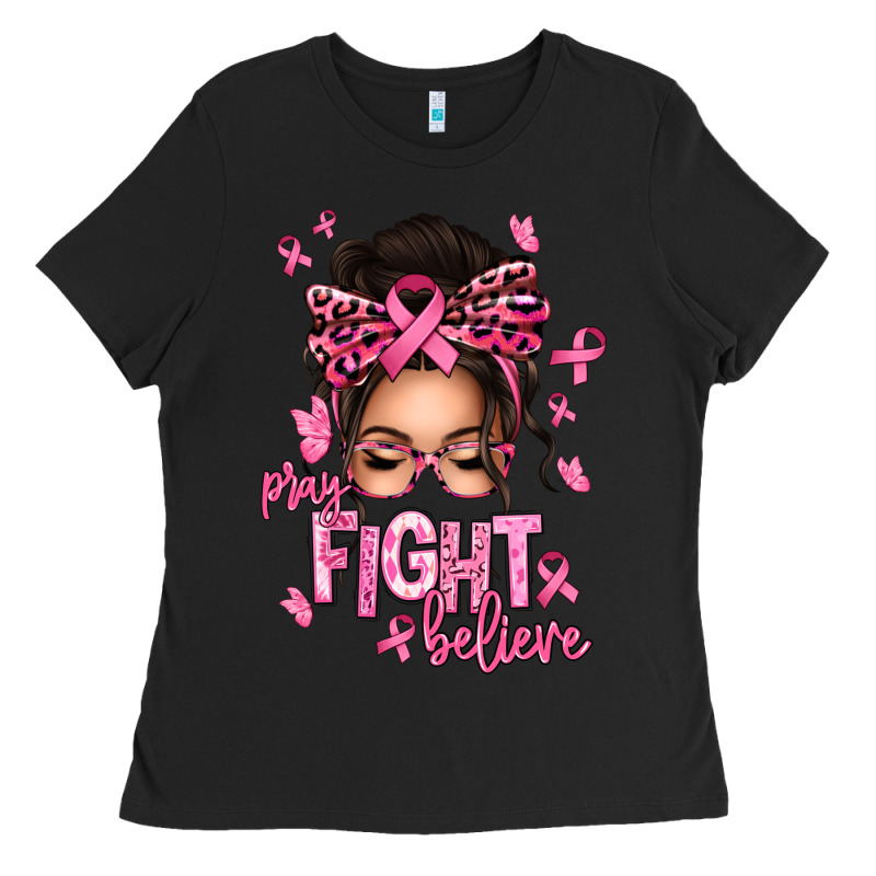 Pray Fight Believe Breast Cancer Afro Messy Bun Ladies Tee by texasbilliewilder | Teevron