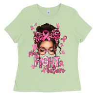 Matcha pray fight believe breast cancer afro messy bun Ladies Tee - texasbilliewilder