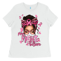 White pray fight believe breast cancer afro messy bun Ladies Tee - texasbilliewilder