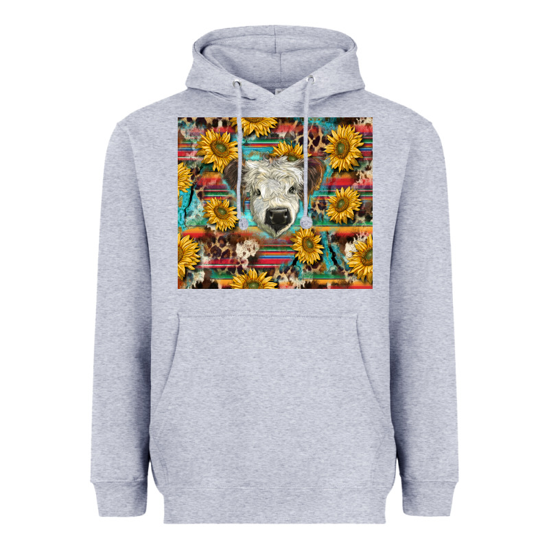 White Scottish Calf And Sunflowers Heavyweight Hoodie by BarkalooDesign | Teevron