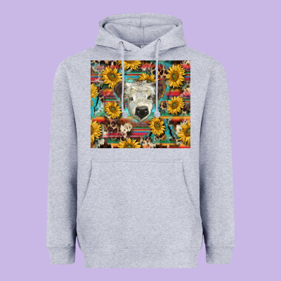 White Scottish Calf And Sunflowers Heavyweight Hoodie Designed By Barkaloodesign
