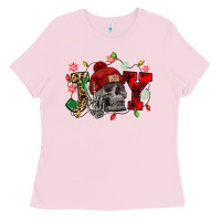 Bubblegum Pink Christmas Joy skeleton Ladies Tee - NancyCooperArtShop