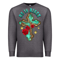 Charcoal Heather he is risen cross with roses Premium Sweatshirt - BarkalooDesign