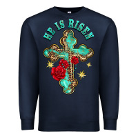Navy he is risen cross with roses Premium Sweatshirt - BarkalooDesign