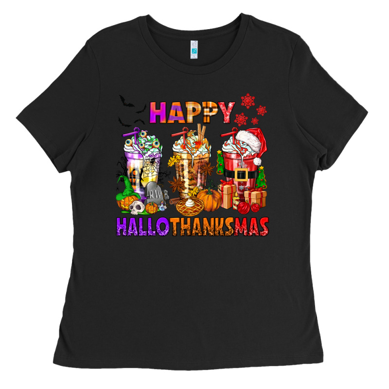 Happy Hallothanksmas Coffee Cups Ladies Tee by texasbilliewilder | Teevron