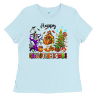 Baby Blue Happy Hallothanksmas Ladies Tee - texasbilliewilder