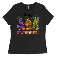 Black Happy Hallothanksmas Ladies Tee - texasbilliewilder