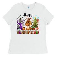 White Happy Hallothanksmas Ladies Tee - texasbilliewilder