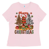 Bubblegum Pink Merry Christmas with western trees Ladies Tee - NancyCooperArtShop