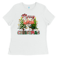 White Merry Christmas flamingo Ladies Tee - texasbilliewilder