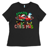 Black merry christmas monster truck Ladies Tee - texasbilliewilder