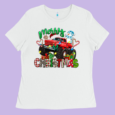 Merry Christmas Monster Truck Ladies Tee Designed By Texasbilliewilder