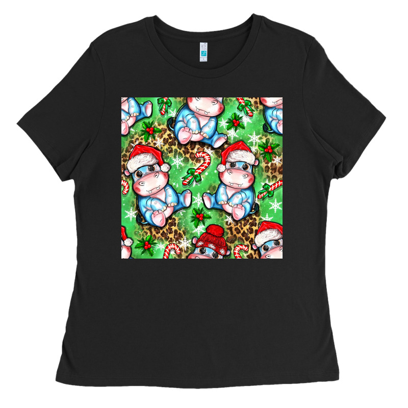 Christmas Cute Hippo Sitting Ladies Tee by NancyCooperArtShop | Teevron