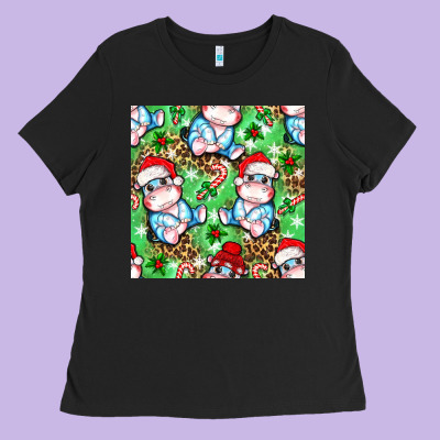 Christmas Cute Hippo Sitting Ladies Tee Designed By Nancycooperartshop