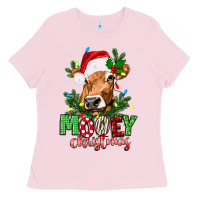 Bubblegum Pink Mooey Christmas Ladies Tee - texasbilliewilder