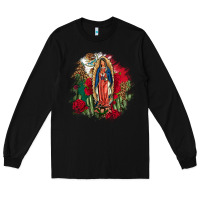 Black Our Lady Of Guadalupe Mexican Flag Cactus Roses Long Sleeve Tee - FaDigitalArtStudio