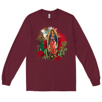 Burgundy Our Lady Of Guadalupe Mexican Flag Cactus Roses Long Sleeve Tee - FaDigitalArtStudio