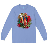 Colony Blue Our Lady Of Guadalupe Mexican Flag Cactus Roses Long Sleeve Tee - FaDigitalArtStudio
