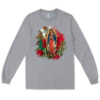Heather Grey Our Lady Of Guadalupe Mexican Flag Cactus Roses Long Sleeve Tee - FaDigitalArtStudio