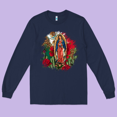 Our Lady Of Guadalupe Mexican Flag Cactus Roses Long Sleeve Tee Designed By Fadigitalartstudio
