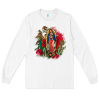 White Our Lady Of Guadalupe Mexican Flag Cactus Roses Long Sleeve Tee - FaDigitalArtStudio