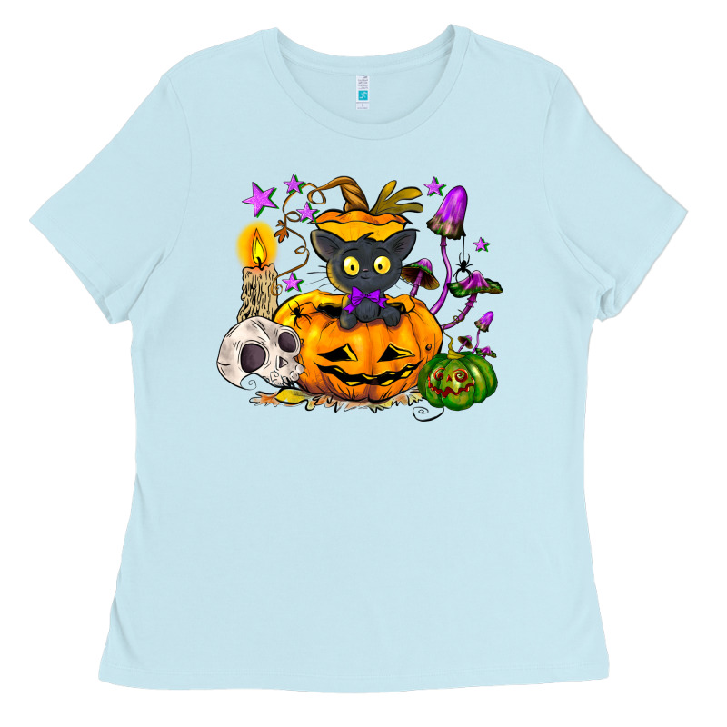 Black Cat Pumpkin Ladies Tee by NancyCooperArtShop | Teevron