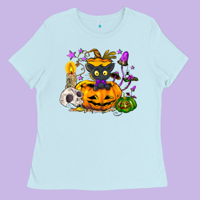 Black Cat Pumpkin Ladies Tee Designed By Nancycooperartshop