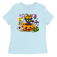 Baby Blue Black cat pumpkin Ladies Tee - NancyCooperArtShop