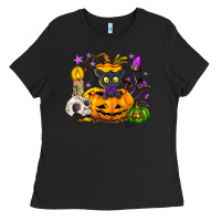 Black Black cat pumpkin Ladies Tee - NancyCooperArtShop
