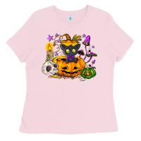 Bubblegum Pink Black cat pumpkin Ladies Tee - NancyCooperArtShop