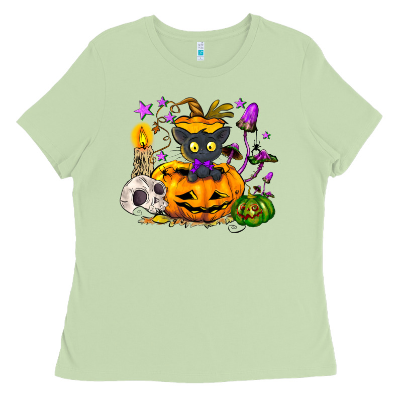Black Cat Pumpkin Ladies Tee by NancyCooperArtShop | Teevron