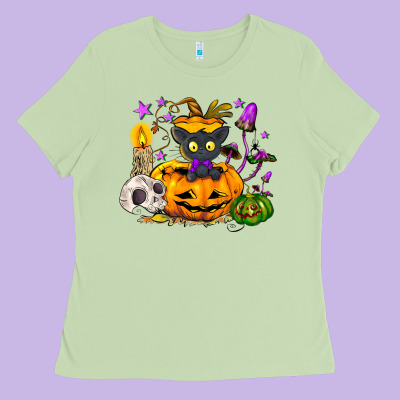 Black Cat Pumpkin Ladies Tee Designed By Nancycooperartshop