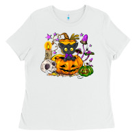 White Black cat pumpkin Ladies Tee - NancyCooperArtShop