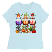 Baby Blue Hallothanksmas wine glasses and gnomes Ladies Tee - texasbilliewilder
