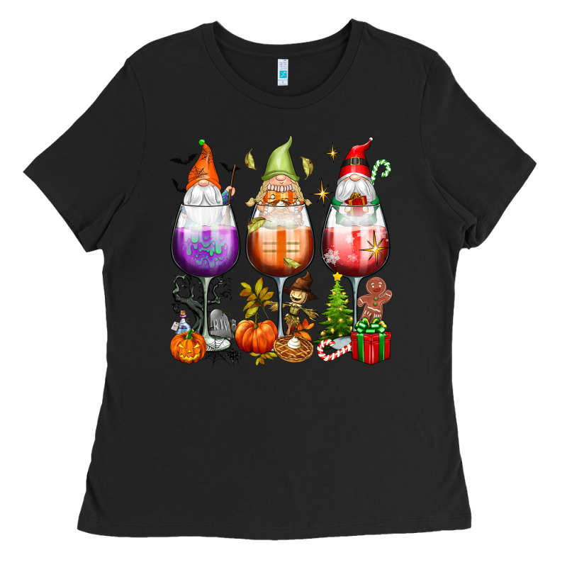 Hallothanksmas Wine Glasses And Gnomes Ladies Tee by texasbilliewilder | Teevron
