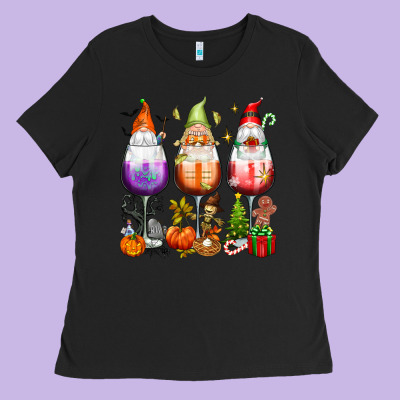 Hallothanksmas Wine Glasses And Gnomes Ladies Tee Designed By Texasbilliewilder
