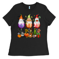 Black Hallothanksmas wine glasses and gnomes Ladies Tee - texasbilliewilder