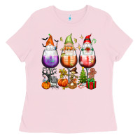 Bubblegum Pink Hallothanksmas wine glasses and gnomes Ladies Tee - texasbilliewilder