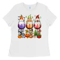 White Hallothanksmas wine glasses and gnomes Ladies Tee - texasbilliewilder