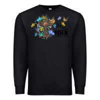Black he is risen matthew 28 6 cross with butterflies cowhide background Premium Sweatshirt - BarkalooDesign
