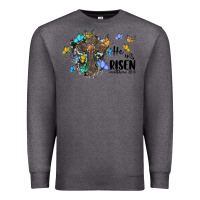 Charcoal Heather he is risen matthew 28 6 cross with butterflies cowhide background Premium Sweatshirt - BarkalooDesign
