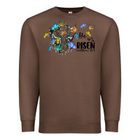 Chestnut he is risen matthew 28 6 cross with butterflies cowhide background Premium Sweatshirt - BarkalooDesign