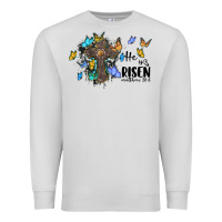 Dove Grey he is risen matthew 28 6 cross with butterflies cowhide background Premium Sweatshirt - BarkalooDesign
