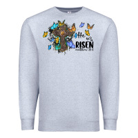 Heather Grey he is risen matthew 28 6 cross with butterflies cowhide background Premium Sweatshirt - BarkalooDesign