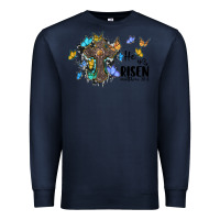 Navy he is risen matthew 28 6 cross with butterflies cowhide background Premium Sweatshirt - BarkalooDesign