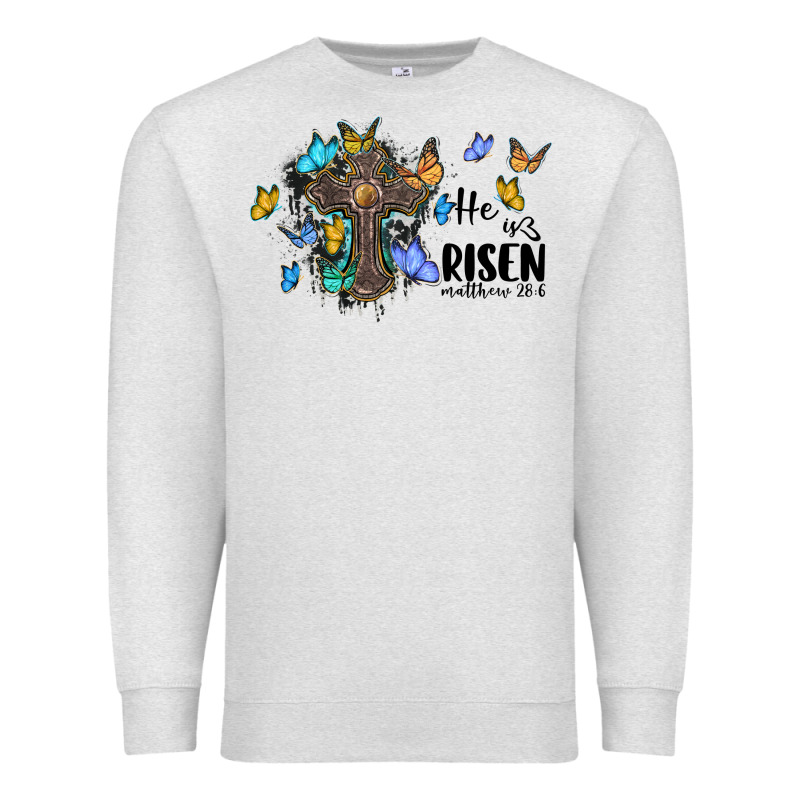 He Is Risen Matthew 28 6 Cross With Butterflies Cowhide Background Premium Sweatshirt by BarkalooDesign | Teevron