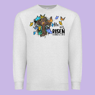 He Is Risen Matthew 28 6 Cross With Butterflies Cowhide Background Premium Sweatshirt Designed By Barkaloodesign