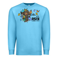 Ocean Blue he is risen matthew 28 6 cross with butterflies cowhide background Premium Sweatshirt - BarkalooDesign